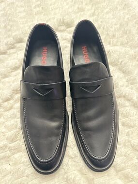 HUGO Black Leather Penny Loafers with Red Logo Detail